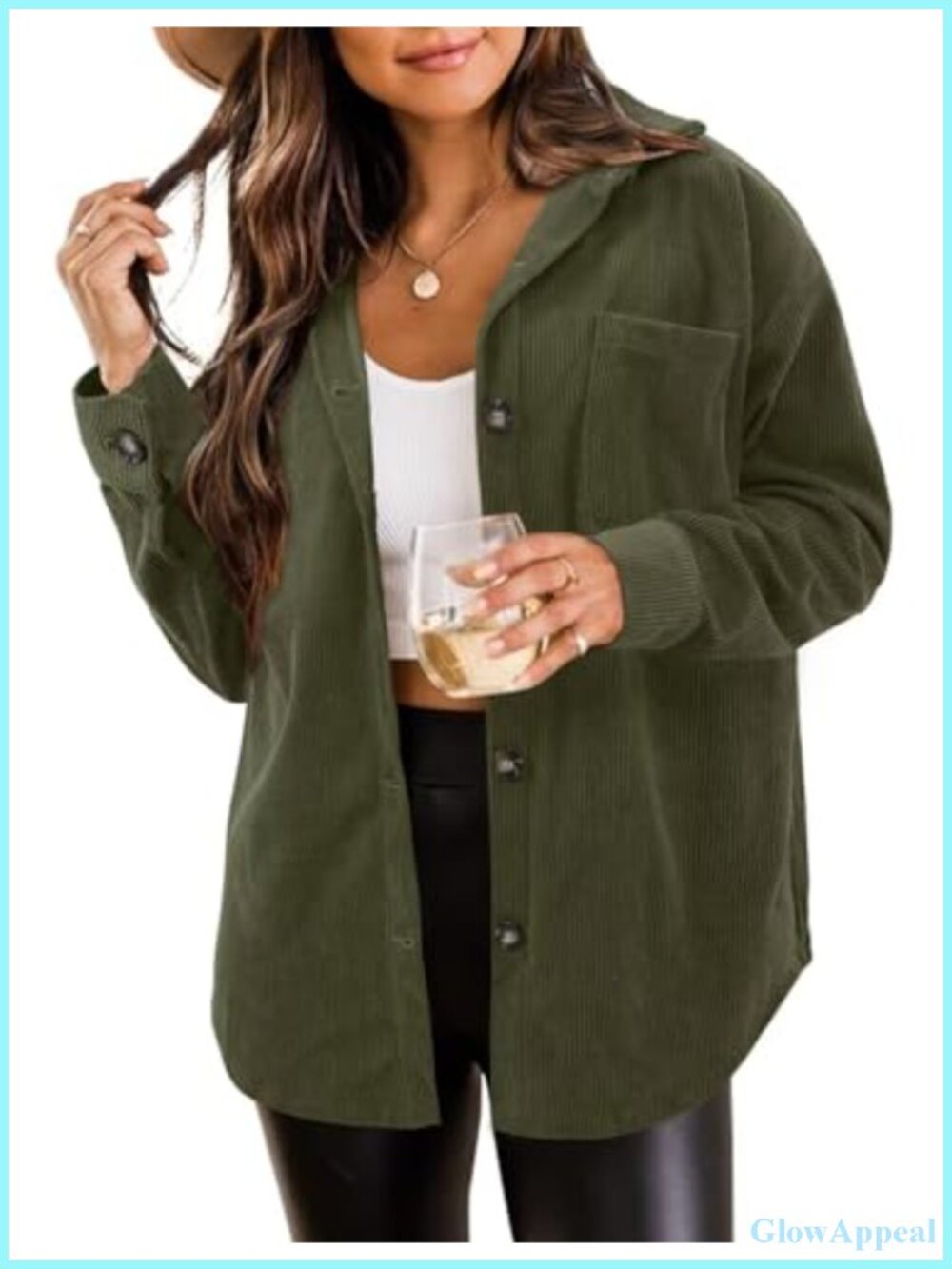 Womens Corduroy Button Down Shacket Long Sleeve Loose Fit Casual Jacket